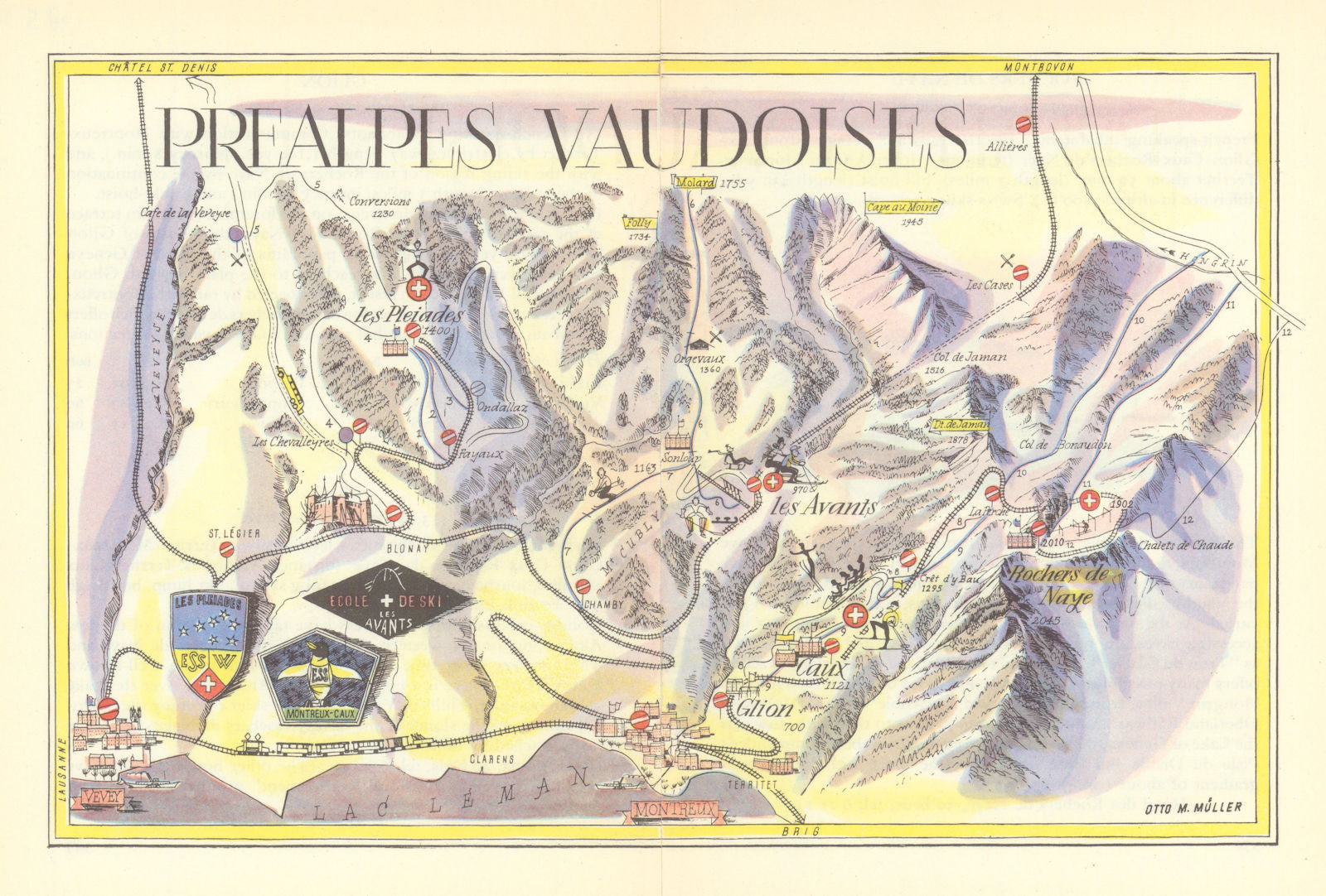 Prealpes Vaudoises ski resort piste/trail map. Avants Caux Montreux 1949